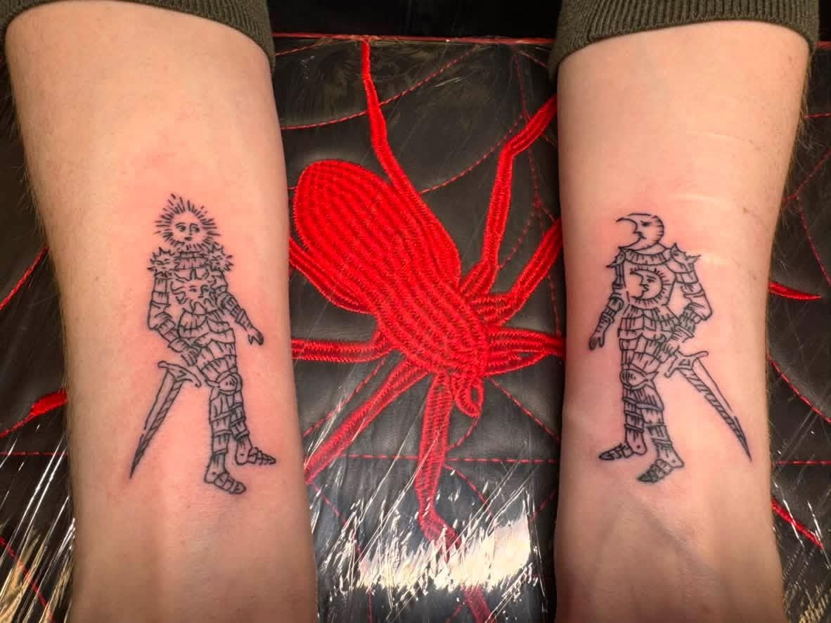 Matching medieval figure wrist tattoos by Emma Bray