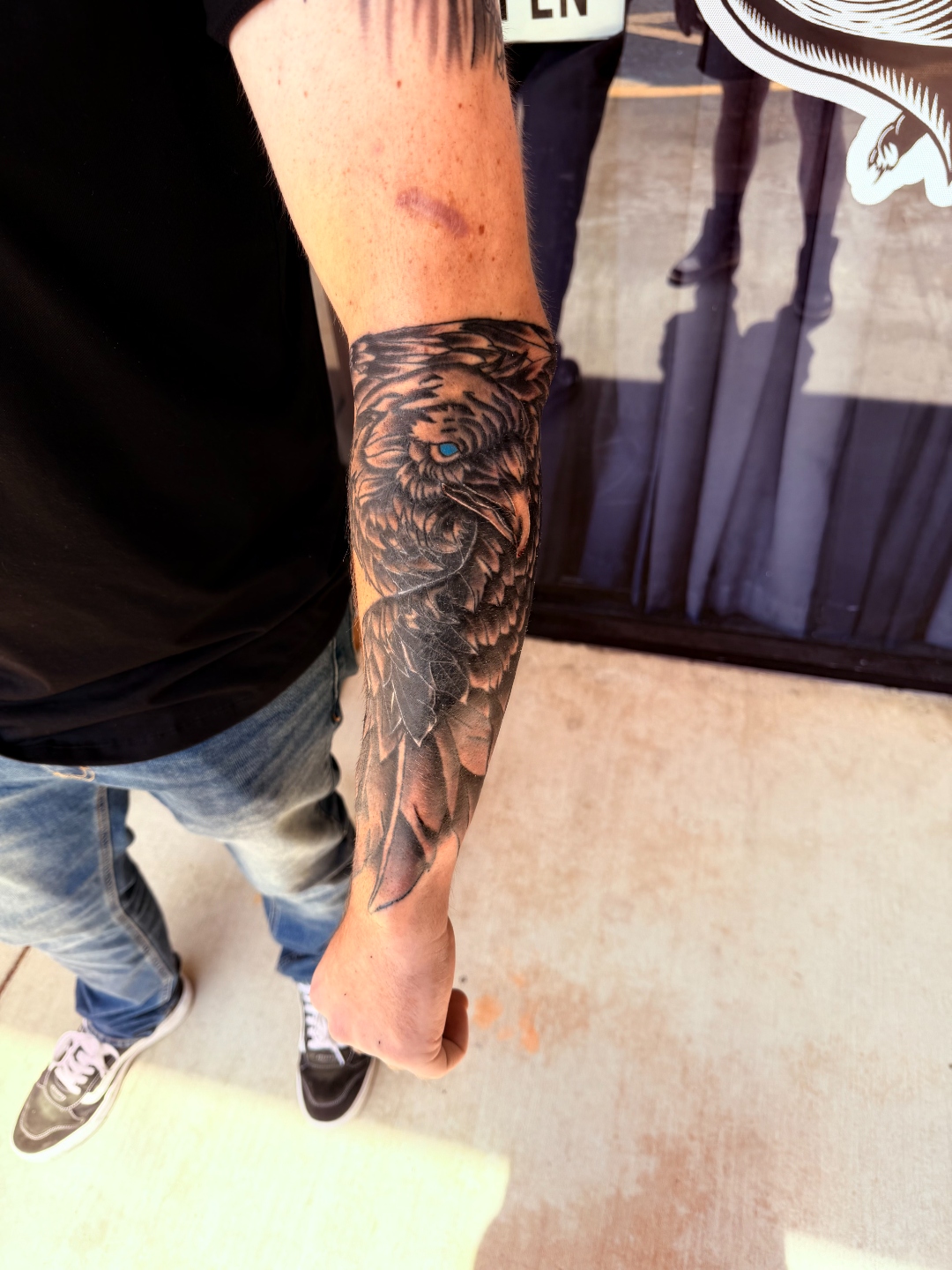 Black and grey realism owl forearm tattoo by Wesley Herring