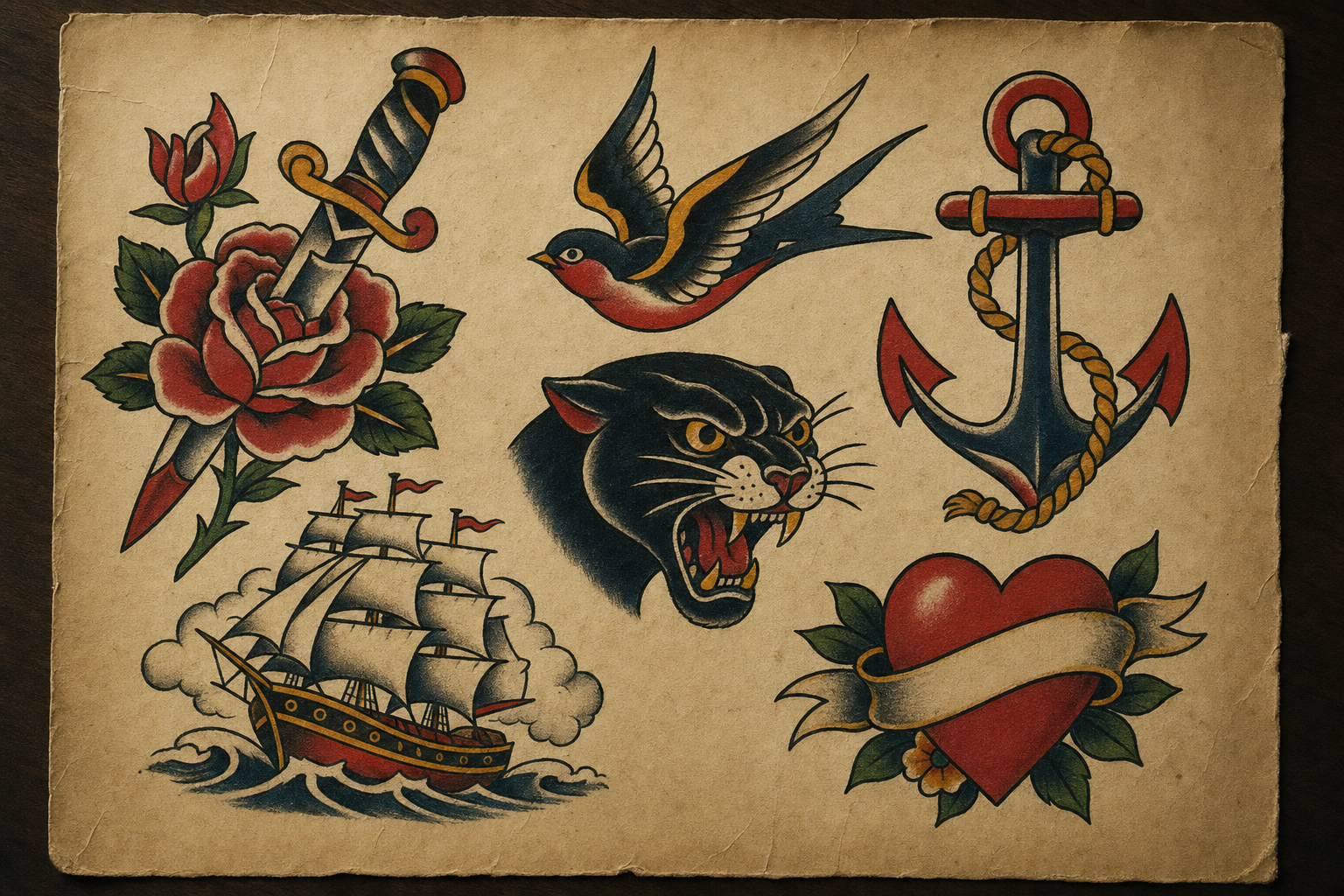 American traditional tattoo flash sheet with rose, panther, anchor, and swallow