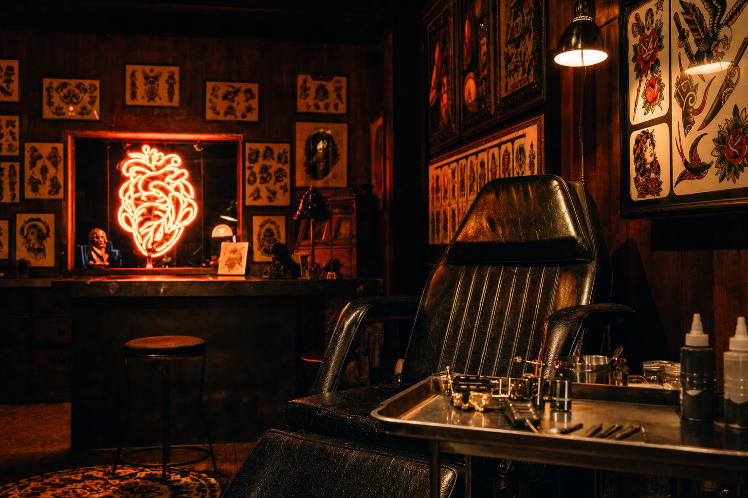 Marion Ink tattoo studio interior with warm neon and vintage flash art